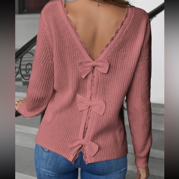 Comfy Crochet Lace Bow Back Sweater Top Green - Picture 3 of 5